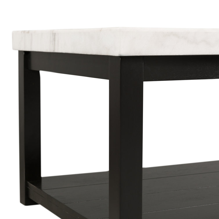 Square Black Acacia Wood End Table with White Marble Top