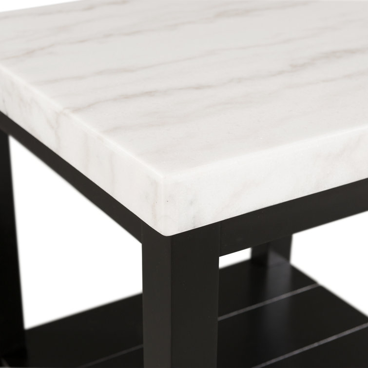 Square Black Acacia Wood End Table with White Marble Top