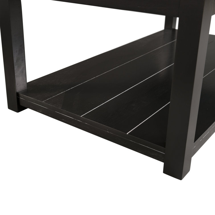 Square Black Acacia Wood End Table with White Marble Top