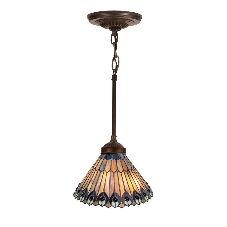 Elegant 34'' Glass & Copper Tiffany-Style Peacock Pendant