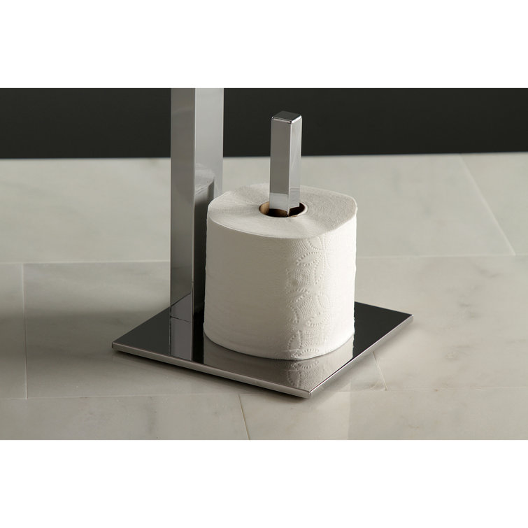 Polished Chrome Freestanding Toilet Paper Holder with Wooden Storage Shelf