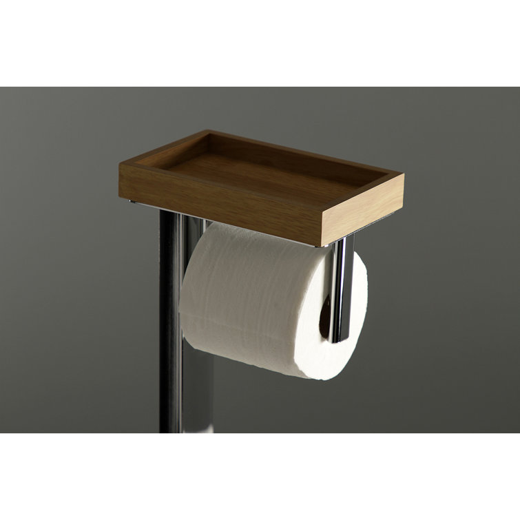 Polished Chrome Freestanding Toilet Paper Holder with Wooden Storage Shelf