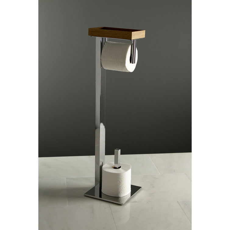 Polished Chrome Freestanding Toilet Paper Holder with Wooden Storage Shelf