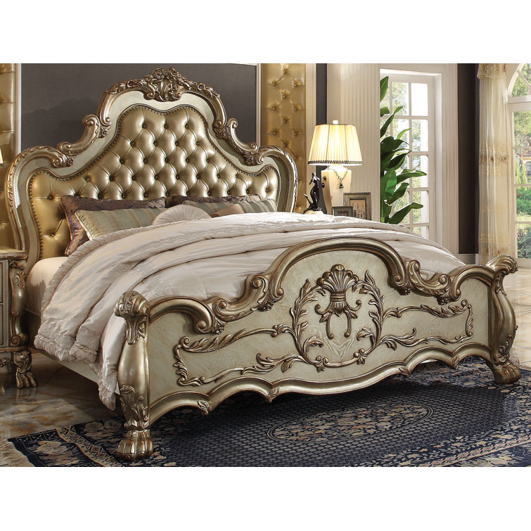 Gold Patina Queen Bed with Tufted Upholstered Headboard