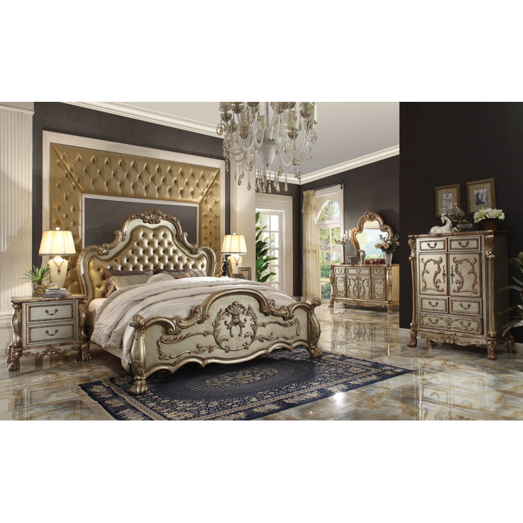Gold Patina Queen Bed with Tufted Upholstered Headboard