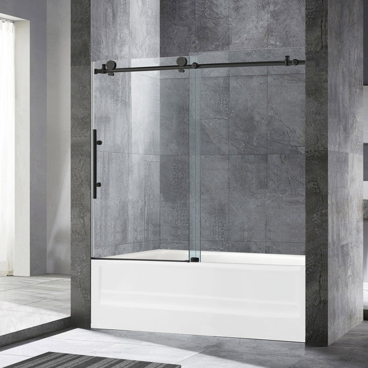 Matte Black Frameless Sliding Shower Door with Clear Tempered Glass