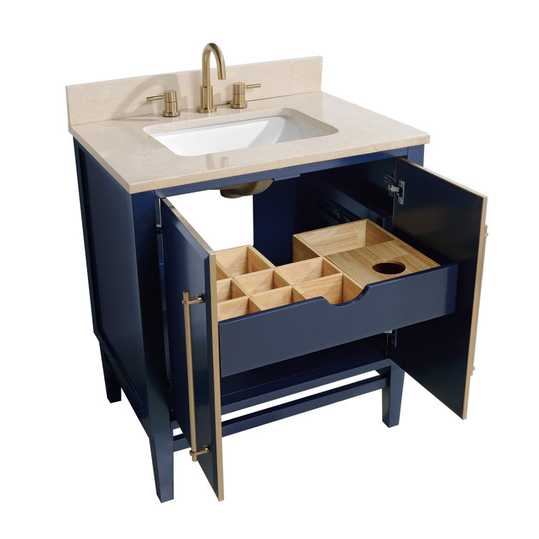 Mason 31" Navy Blue and Gold Solid Wood Vanity with Marble Top
