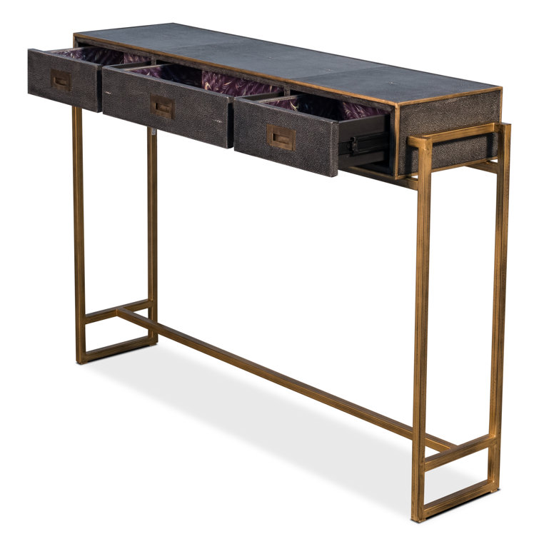 Gold and Gray Shagreen Leather Console Table with Storage