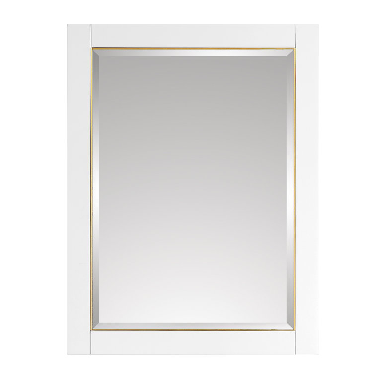 White Rectangular Wood Framed Mirror with Gold Trim