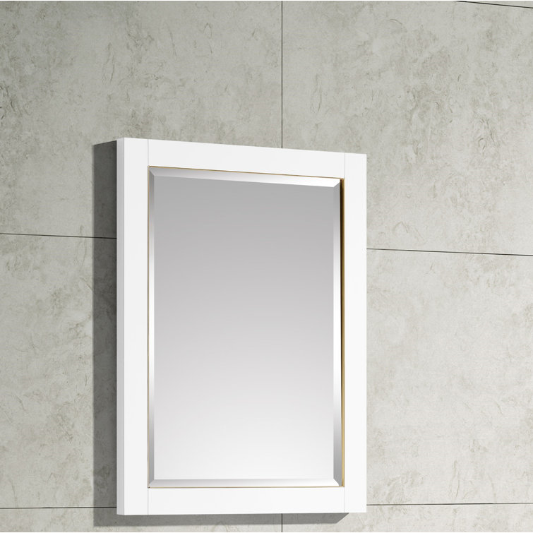 White Rectangular Wood Framed Mirror with Gold Trim
