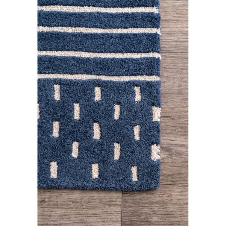 Mandia Navy Striped Hand-Tufted Wool Runner Rug, 2' 6" x 8'