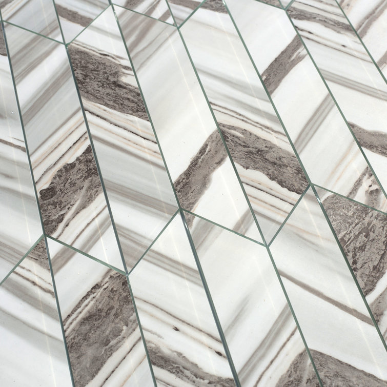 Nature 3.75" x 11.75" Gray and White Glass Chevron Tile