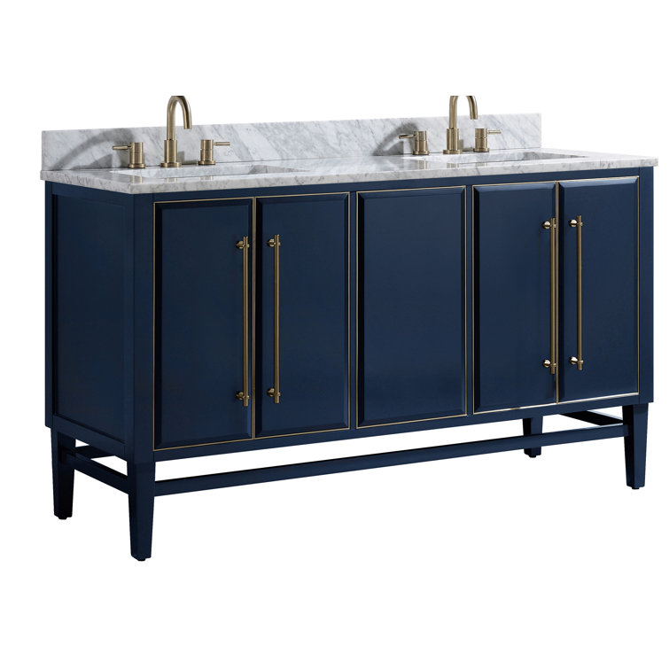 Navy Blue and Gold Double Sink Vanity with Marble Top