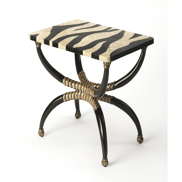 Safari-Inspired Zebra Fossil Stone Side Table with Brass Accents
