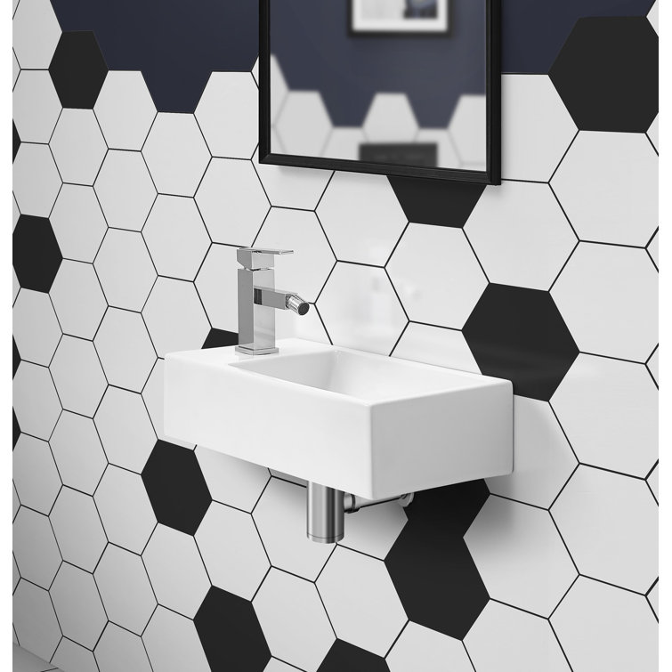 Glossy White Rectangular Ceramic Wall-Mount Sink with Left Faucet