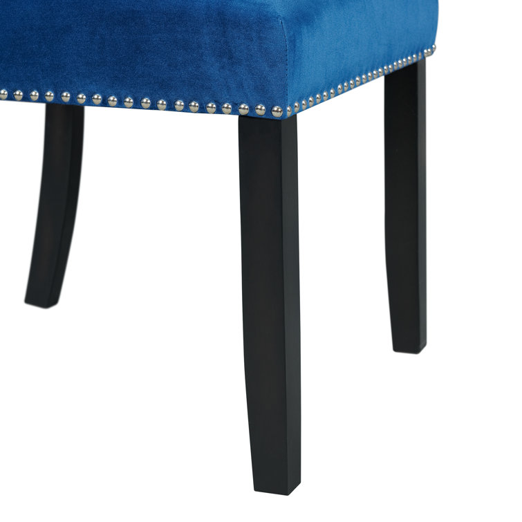 Gray Marble Top Trestle Dining Set with Blue Upholstered Chairs