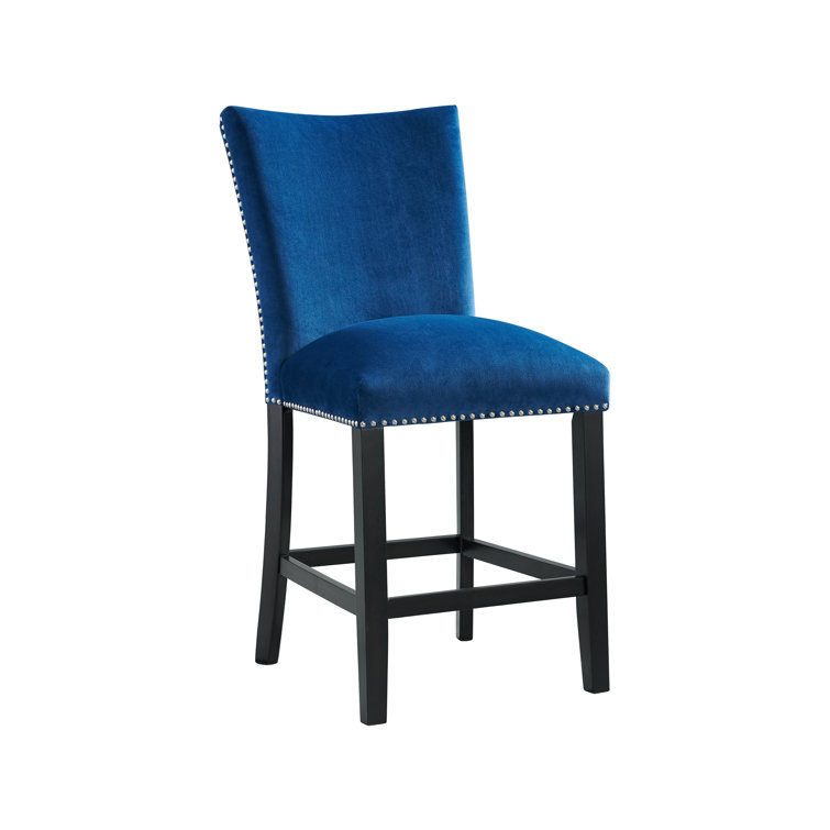 Gray Marble Top Trestle Dining Set with Blue Upholstered Chairs