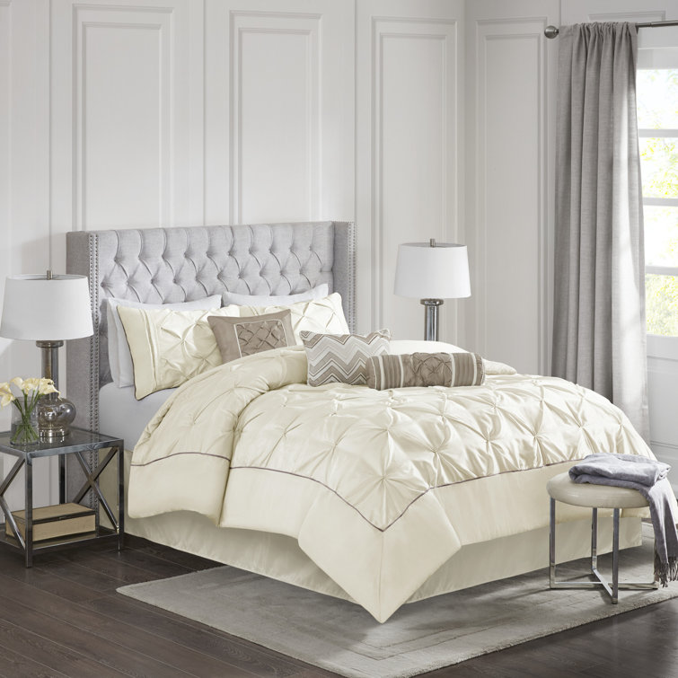 Ivory Full 7-Piece Tufted Comforter Set with Stripes