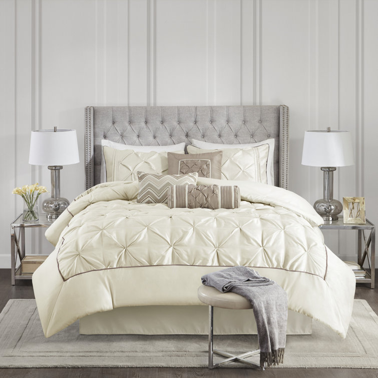 Ivory Queen 7-Piece Tufted Comforter Set with Stripes
