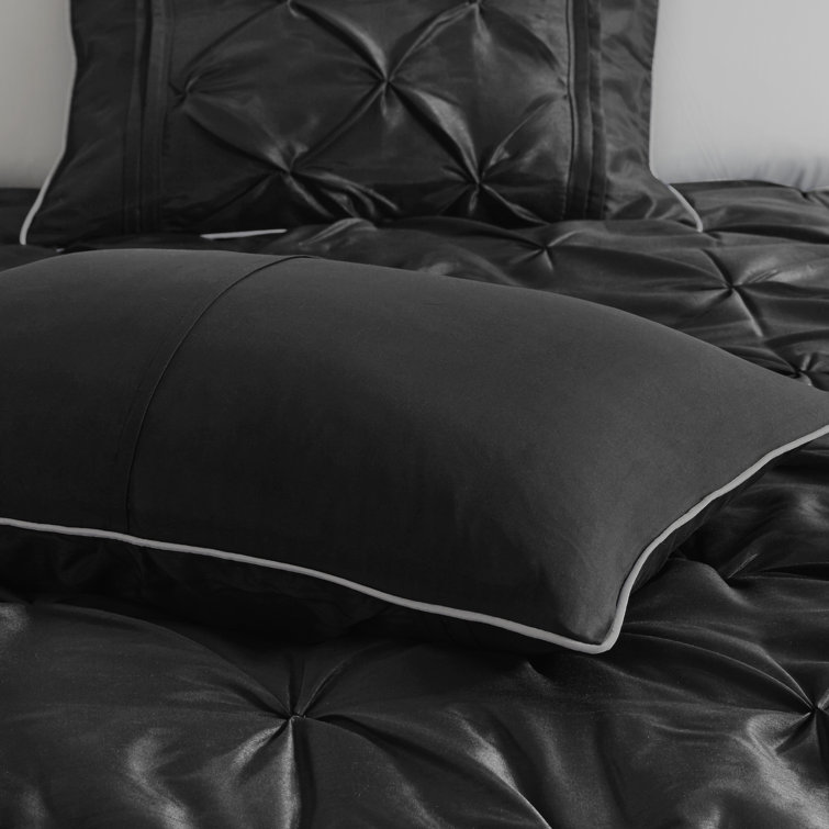 King Black Microfiber Pintuck Comforter Set with Decorative Pillows