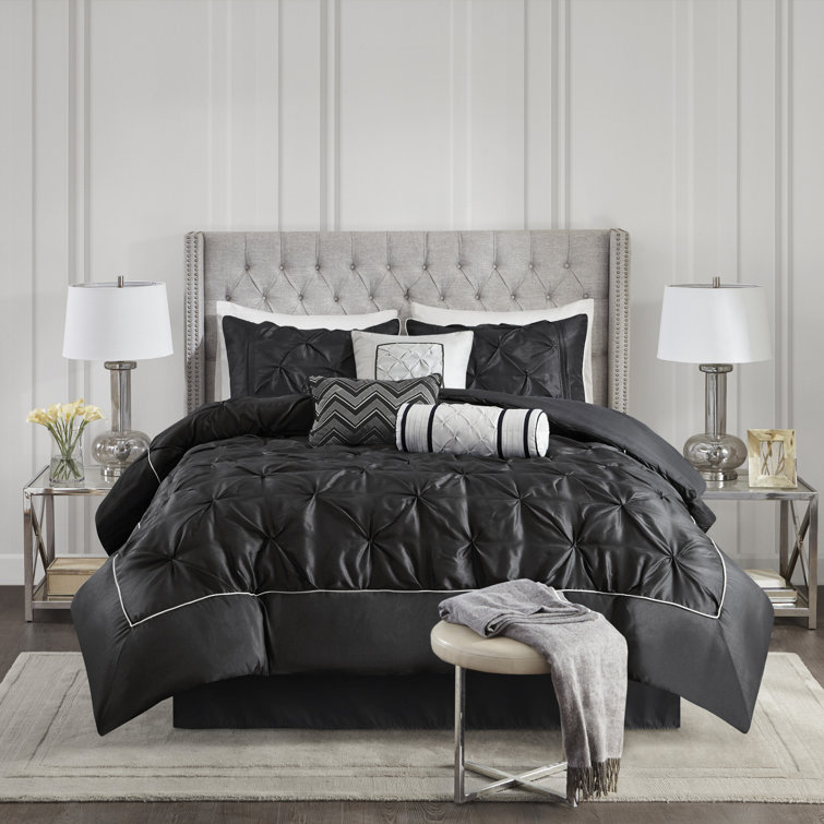 King Black Microfiber Pintuck Comforter Set with Decorative Pillows