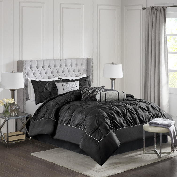King Black Microfiber Pintuck Comforter Set with Decorative Pillows