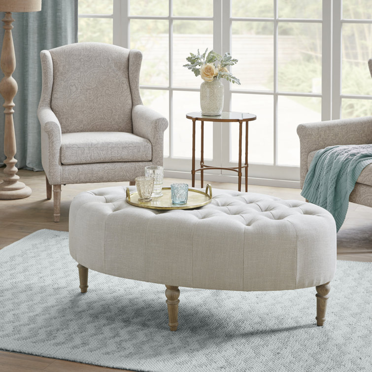 Clara Tufted Beige Linen Round Ottoman