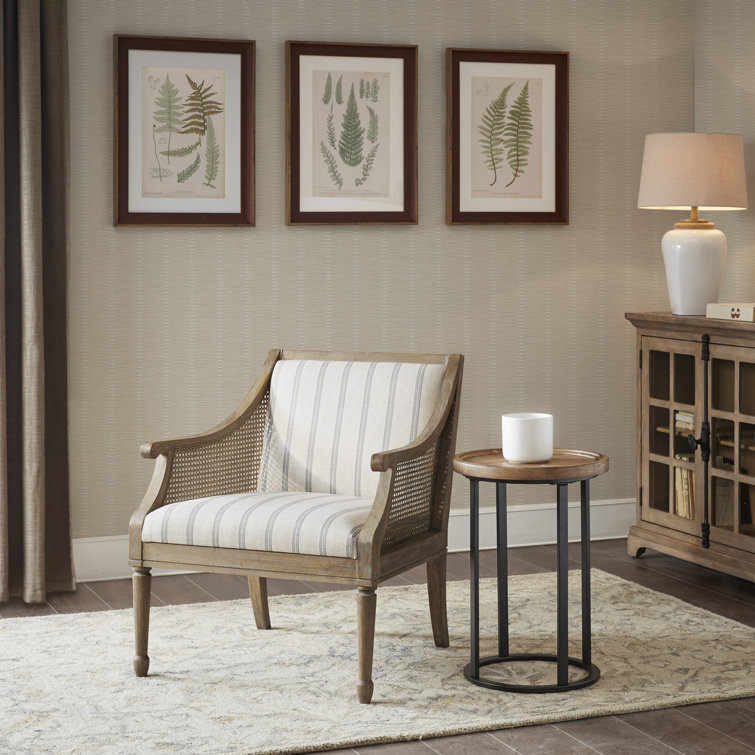 Beige Upholstered Accent Chair with Cane Webbed Arms
