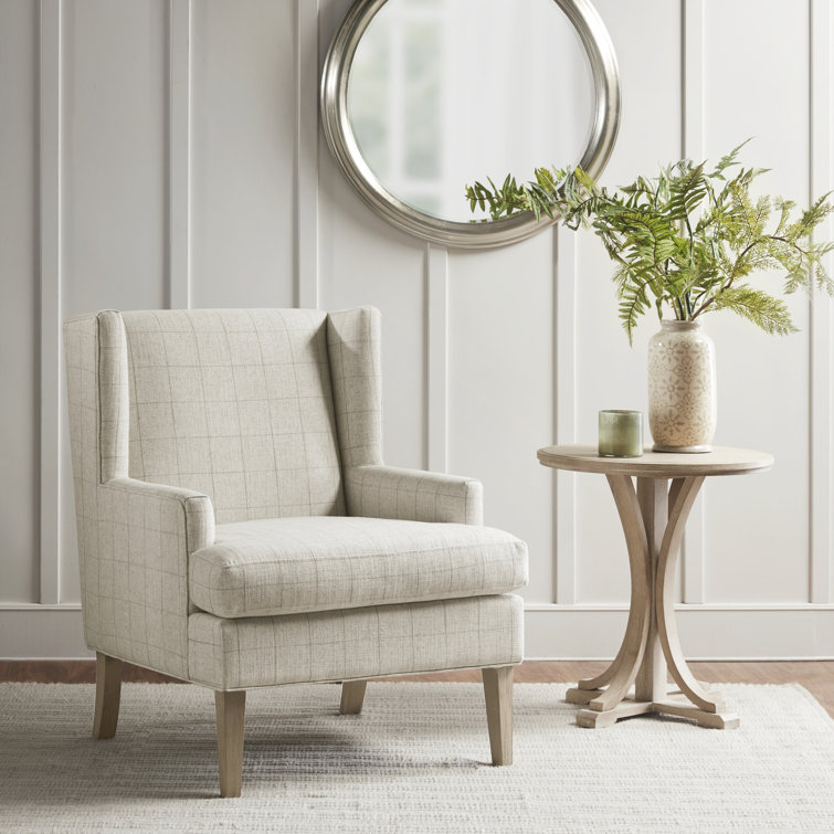 Beige Wood Classic Accent Armchair with Intricate Stitching