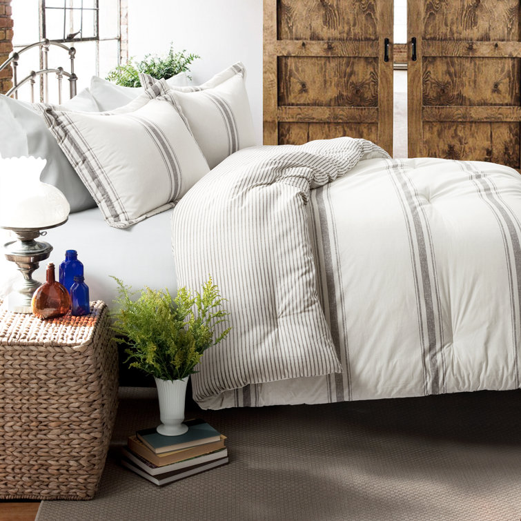 Gray Cotton Full/Queen Farmhouse Stripe Reversible Duvet Cover Set
