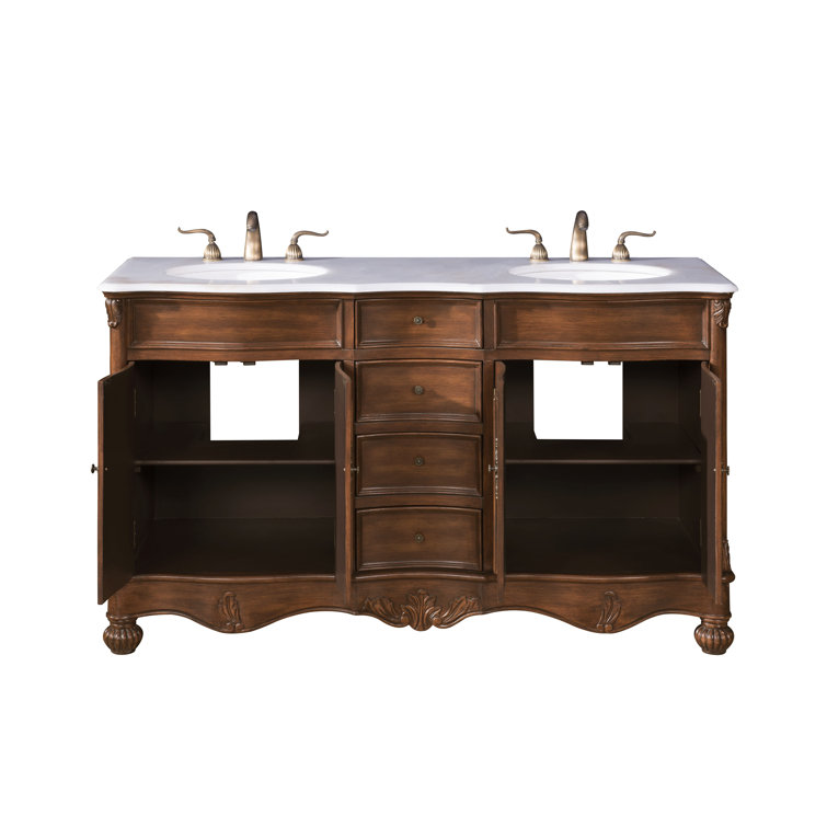 Teak and Ivory White Double Freestanding Vanity with Quartz Countertop