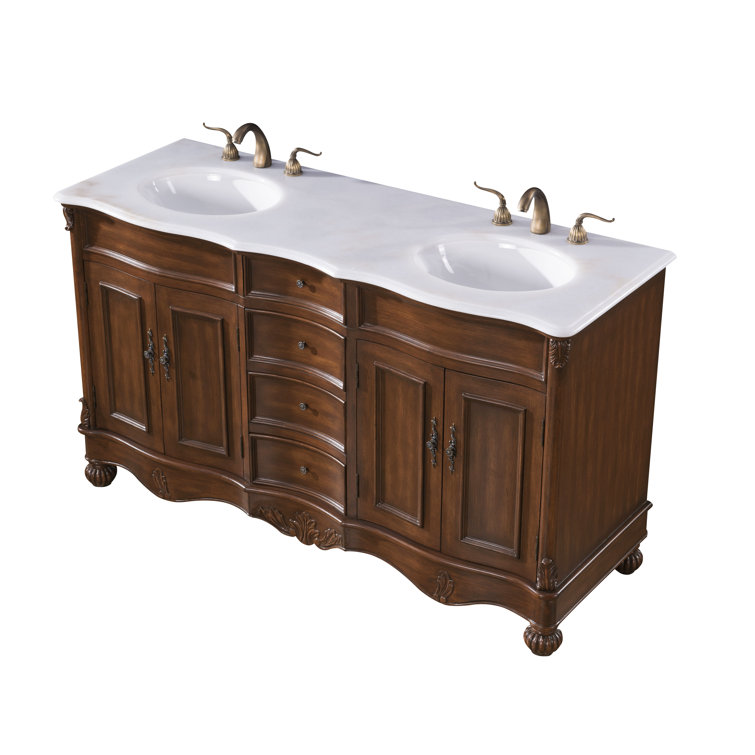 Teak and Ivory White Double Freestanding Vanity with Quartz Countertop