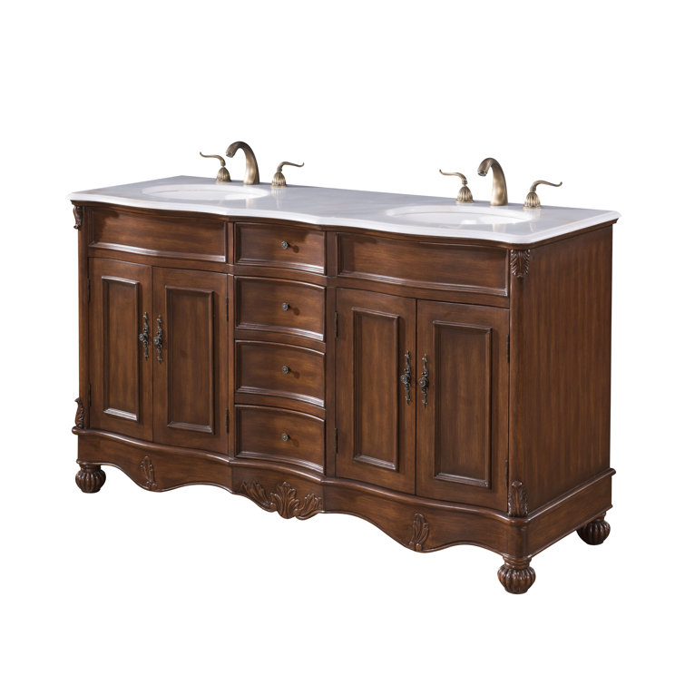 Teak and Ivory White Double Freestanding Vanity with Quartz Countertop