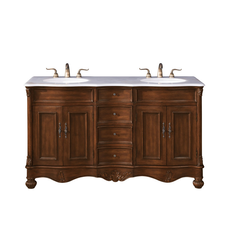 Teak and Ivory White Double Freestanding Vanity with Quartz Countertop
