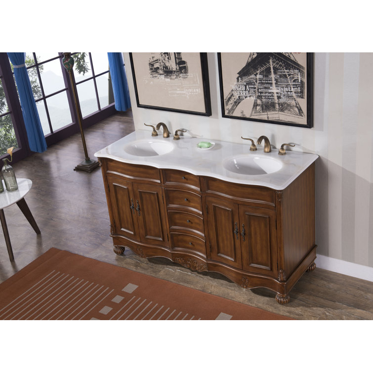 Teak and Ivory White Double Freestanding Vanity with Quartz Countertop