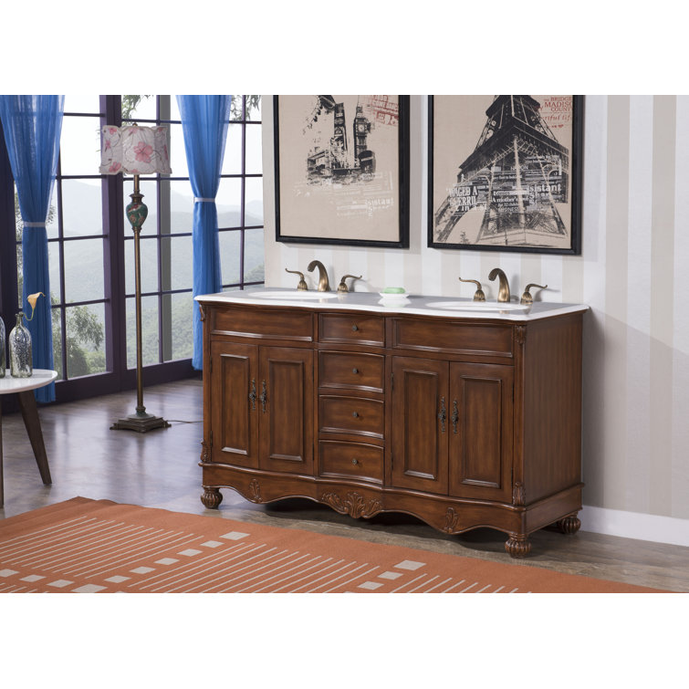Teak and Ivory White Double Freestanding Vanity with Quartz Countertop