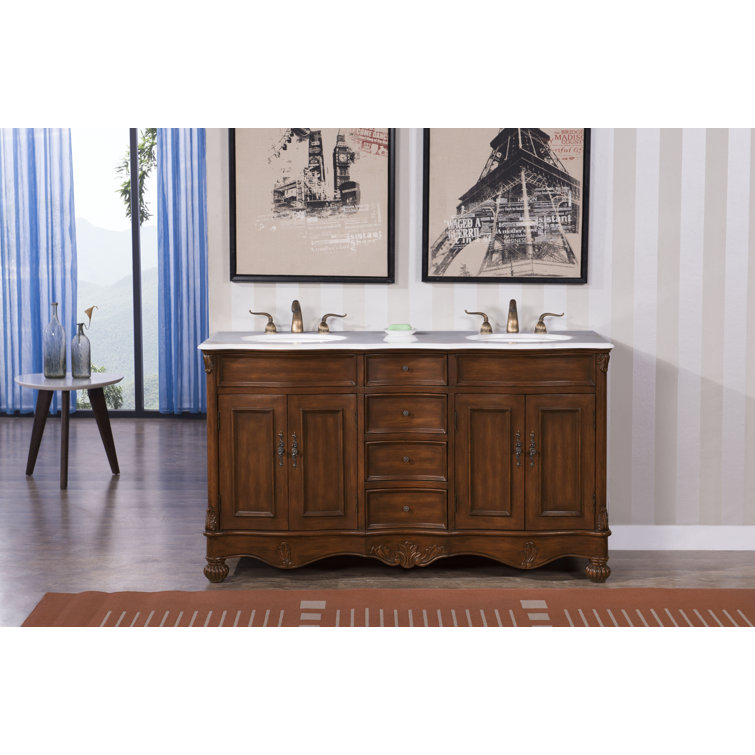 Teak and Ivory White Double Freestanding Vanity with Quartz Countertop