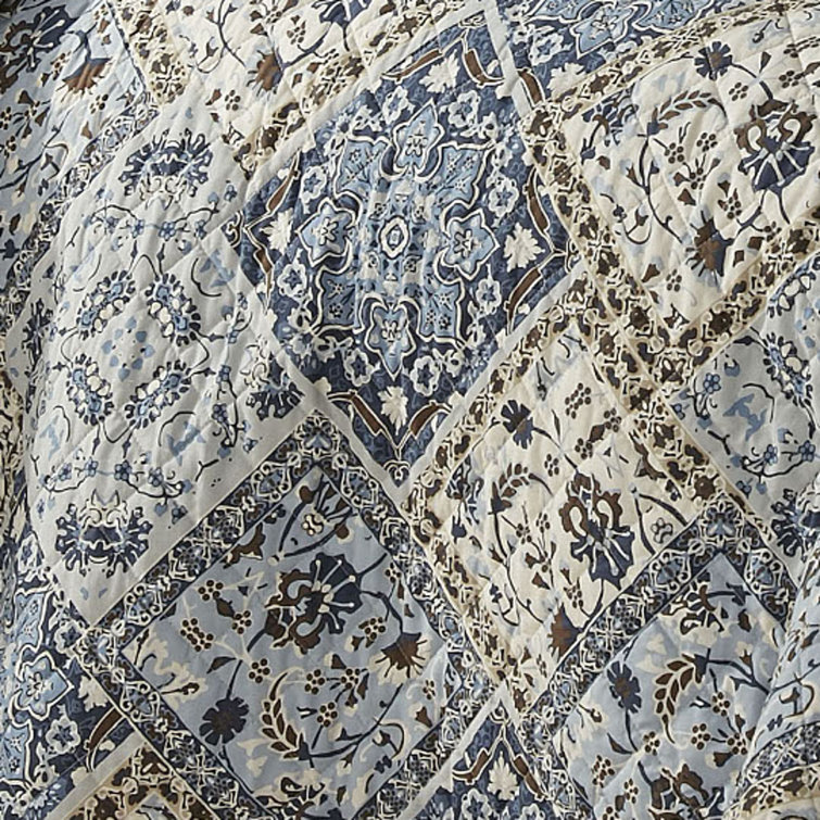 Country Casual Blue and Beige Cotton Twin Quilt Set, Reversible
