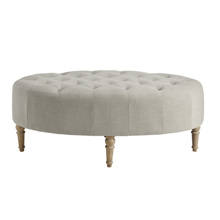 Clara Tufted Beige Linen Round Ottoman