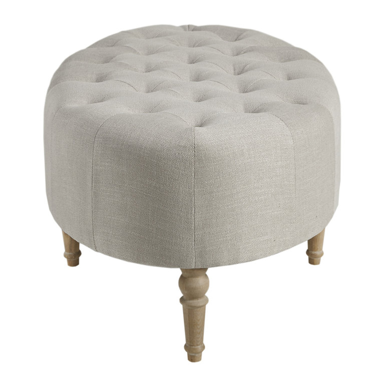 Clara Tufted Beige Linen Round Ottoman
