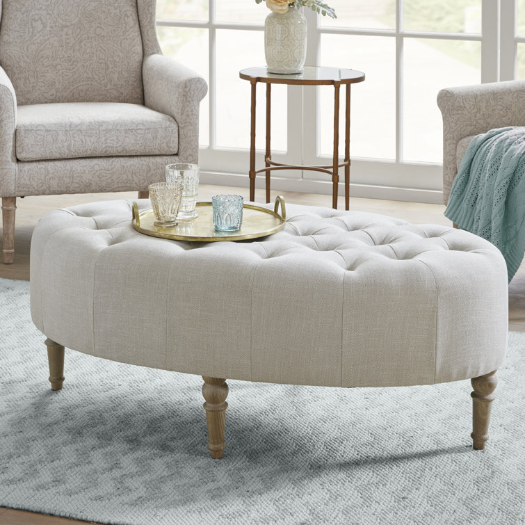 Clara Tufted Beige Linen Round Ottoman