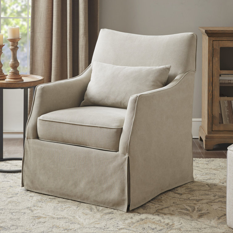 Beige Transitional Skirted Swivel Chair with Lumbar Pillow
