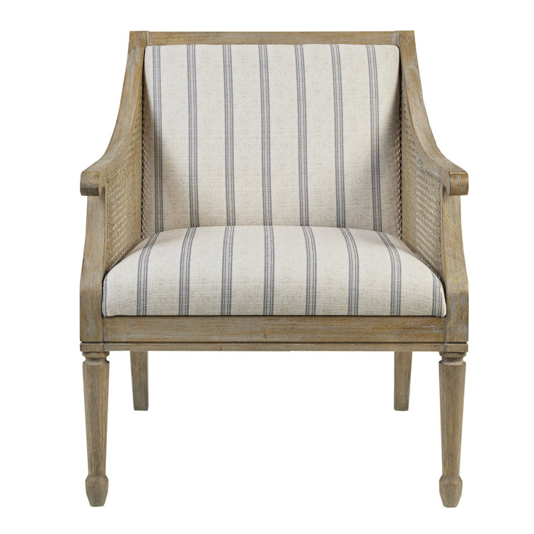 Beige Upholstered Accent Chair with Cane Webbed Arms