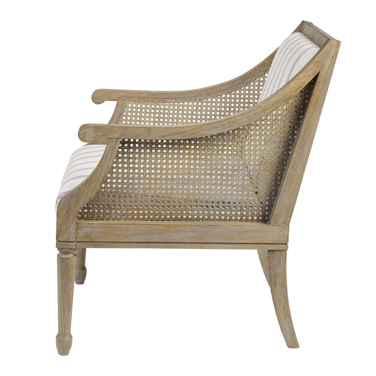 Beige Upholstered Accent Chair with Cane Webbed Arms