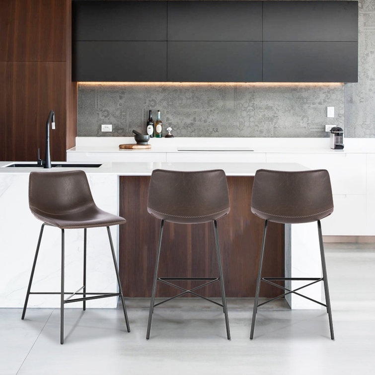 Bela 24'' Brown Faux Leather Counter Stools with Metal Legs