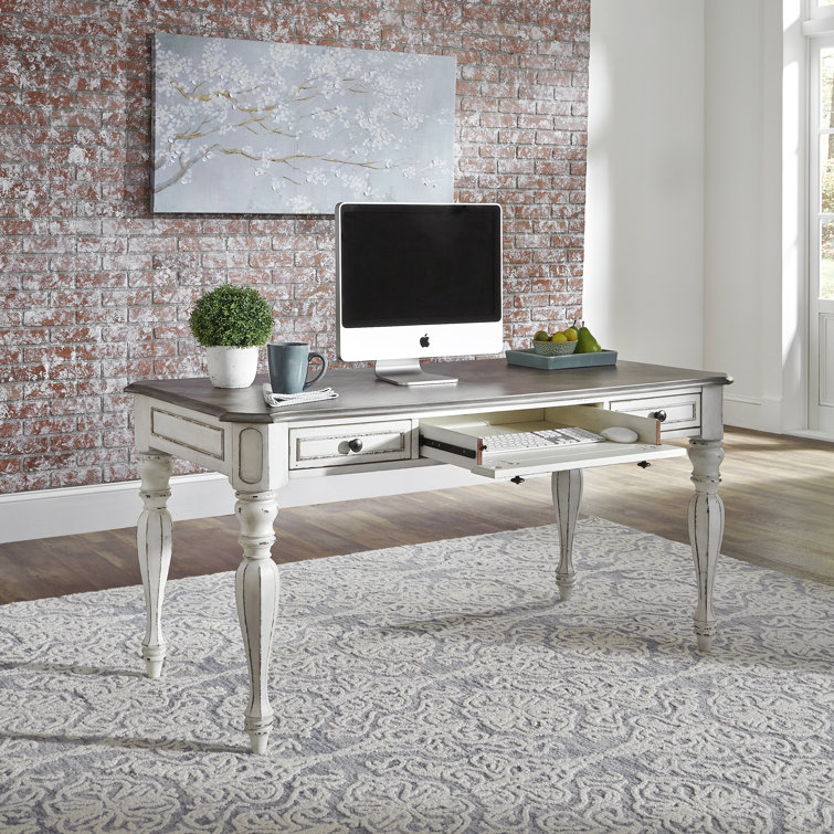60" White Wood Home Office Desk with Drawers and Keyboard Tray