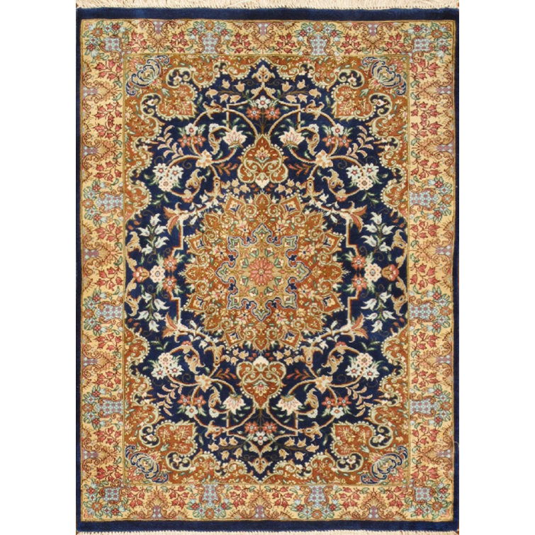 Navy and Gold Hand-Knotted Silk and Wool Area Rug, 2' x 2'7"