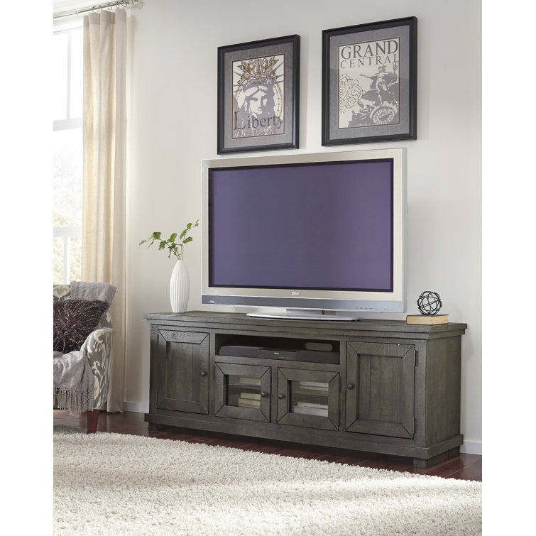 Transitional Gray 74" Solid Pine Media Console with Adjustable Shelves