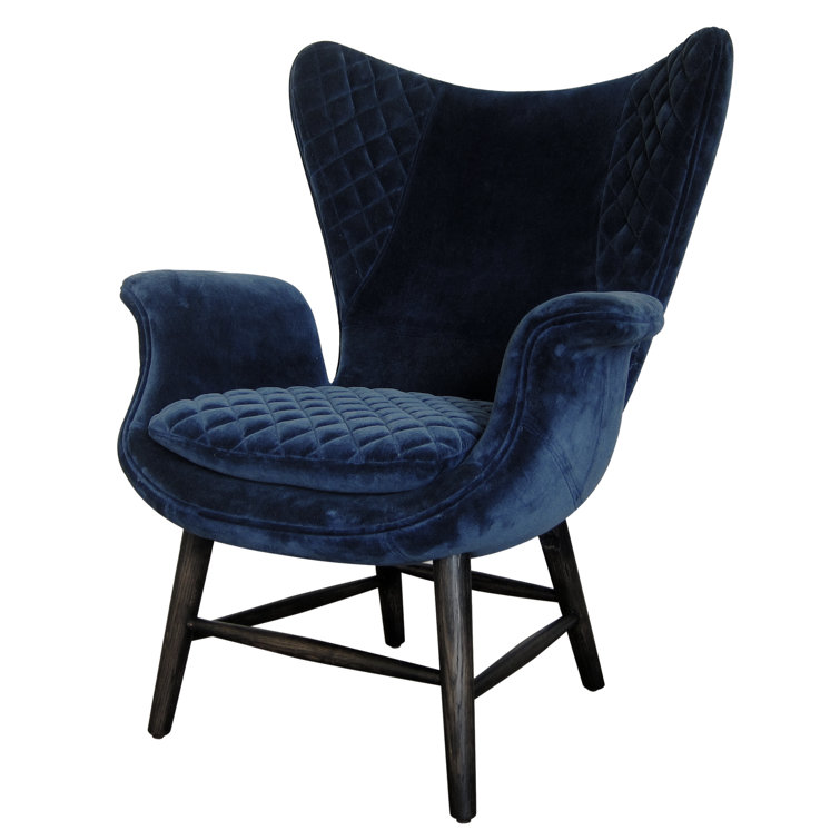 Contemporary Blue Velvet Wingback Arm Chair with Oak Legs