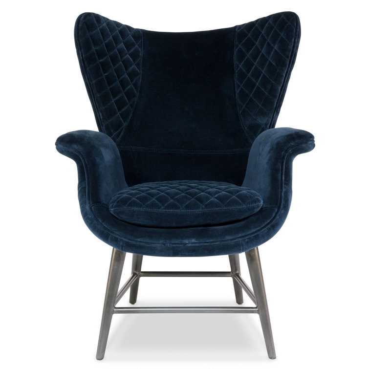 Contemporary Blue Velvet Wingback Arm Chair with Oak Legs
